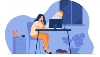 Woman working at night in home office isolated flat vector illustration. Cartoon female student learning via computer or designer late at work. Workplace and sleepless concept